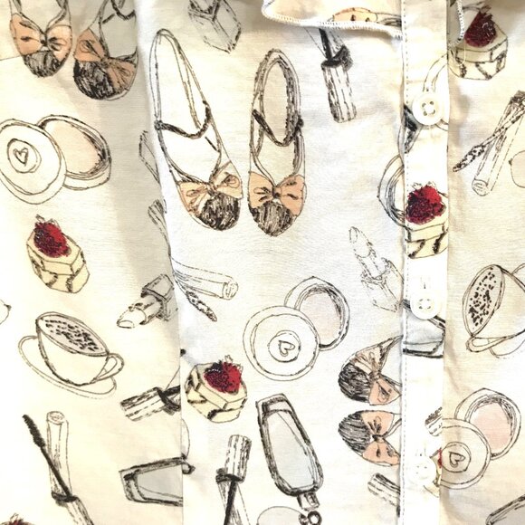 Van Heusen Studio Ruffled Blouse: Vintage Top Women’s Shoe & Coffee Print Size M - Picture 6 of 13